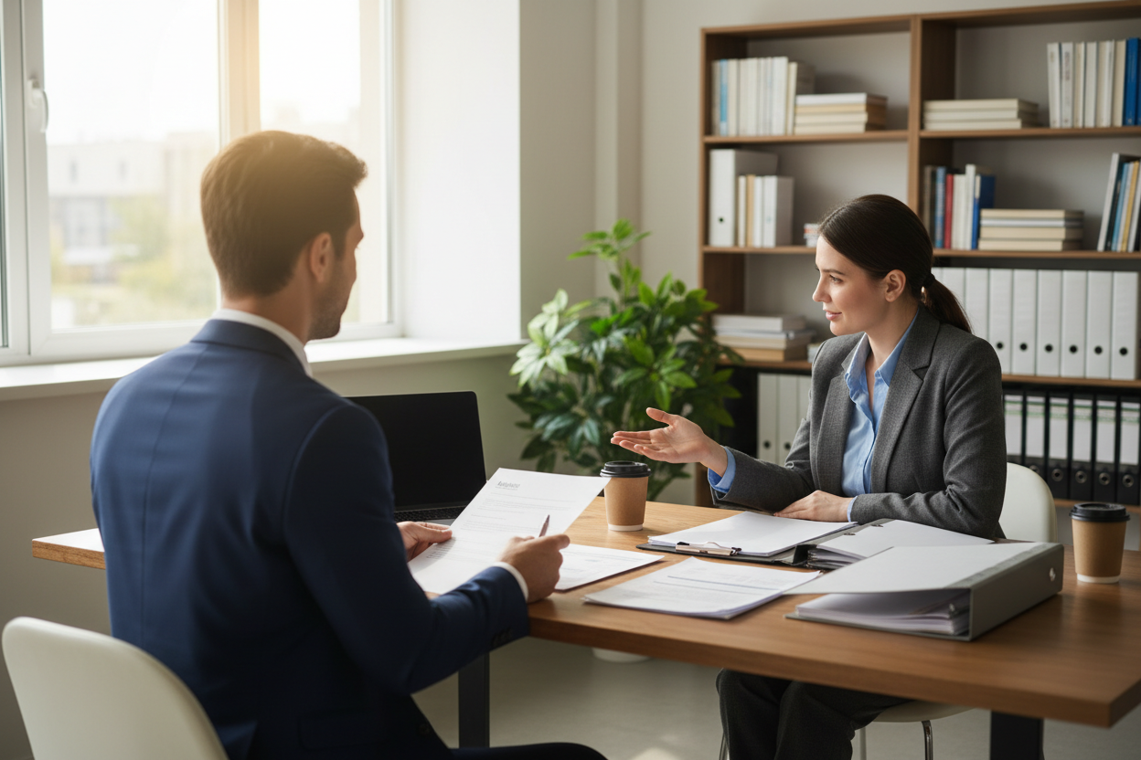 A professional helping a young professional with interview preparation no faces